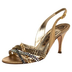 Gina Metallic Gold Leather Crystal Embellished Slingback Sandals Size 37