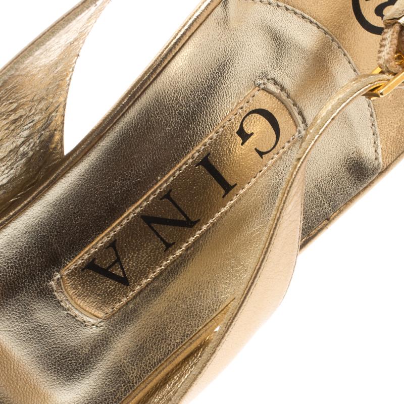 Gina Metallic Gold Leather Crystal Embellished Slingback Sandals Size 40.5 1
