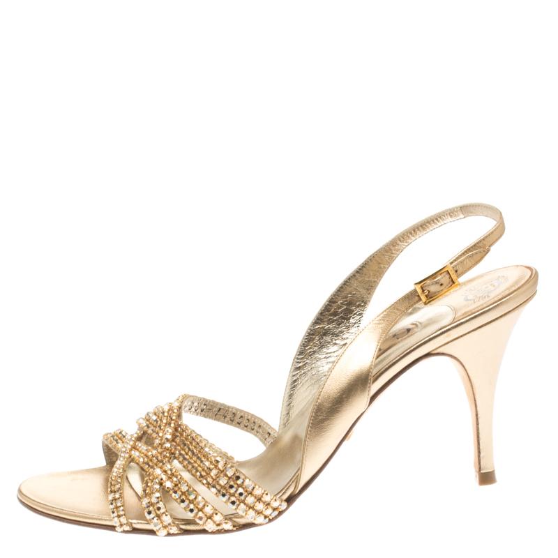 Gina Metallic Gold Leather Crystal Embellished Slingback Sandals Size 40.5 2