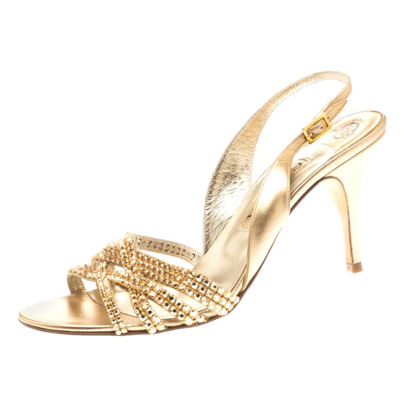 Gina Metallic Gold Leather Crystal Embellished Slingback Sandals Size 40.5