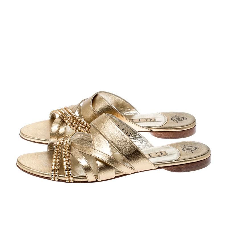 Gina Metallic Gold Leather Embellished Flat Sandals Size 38 In Good Condition In Dubai, Al Qouz 2