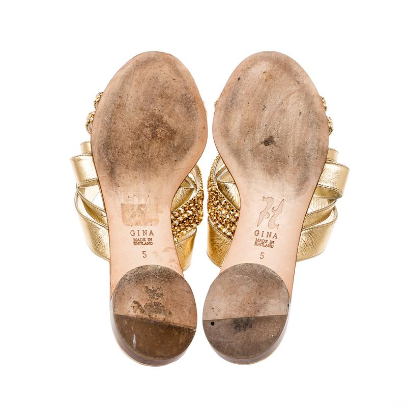 Women's Gina Metallic Gold Leather Embellished Flat Sandals Size 38