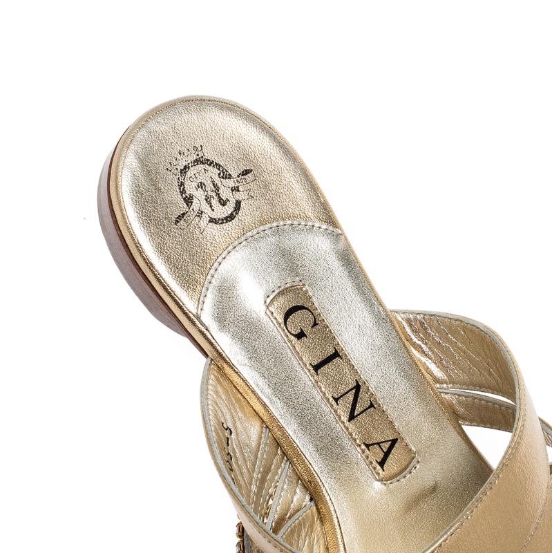 Gina Metallic Gold Leather Embellished Flat Sandals Size 38 1