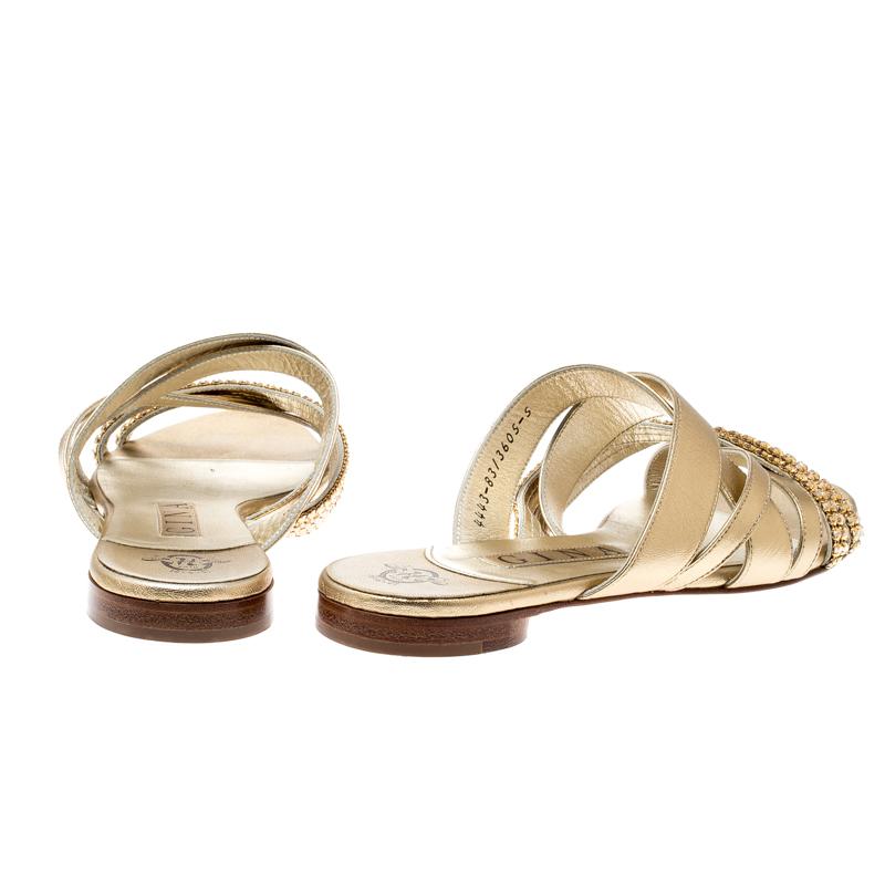 Gina Metallic Gold Leather Embellished Flat Sandals Size 38 2