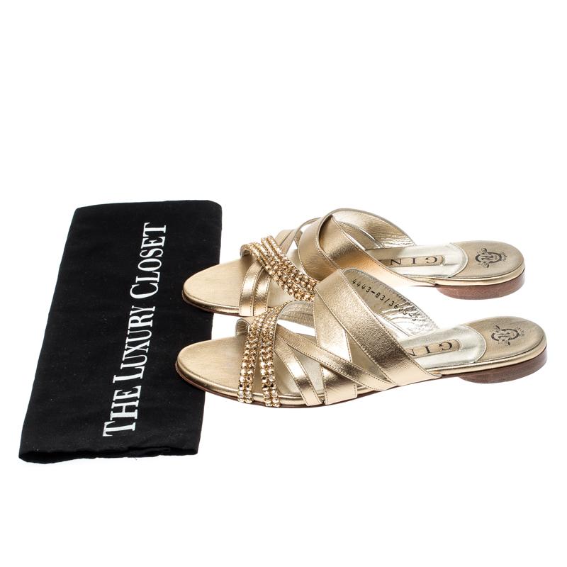 Gina Metallic Gold Leather Embellished Flat Sandals Size 38 3