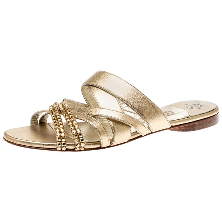 Gina Metallic Gold Leather Embellished Flat Sandals Size 38
