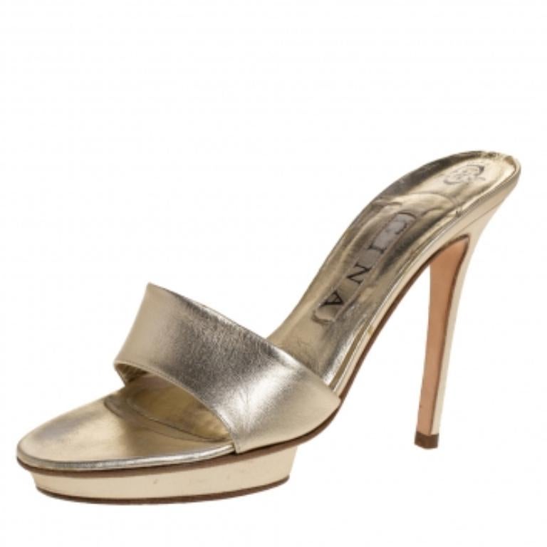Gina Metallic Gold Leather Slide Sandals Size 37 For Sale 3