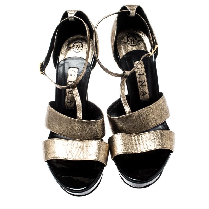 Black Gina Metallic Gold Leather T Strap Platform Sandals Size 39