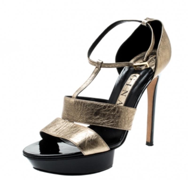 Gina Metallic Gold Leather T Strap Platform Sandals Size 39 In Good Condition In Dubai, Al Qouz 2