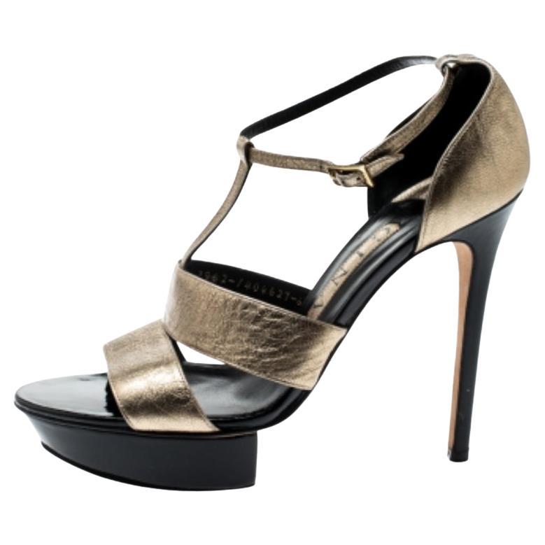Gina Metallic Gold Leder T Riemen Plateausandalen Größe 39