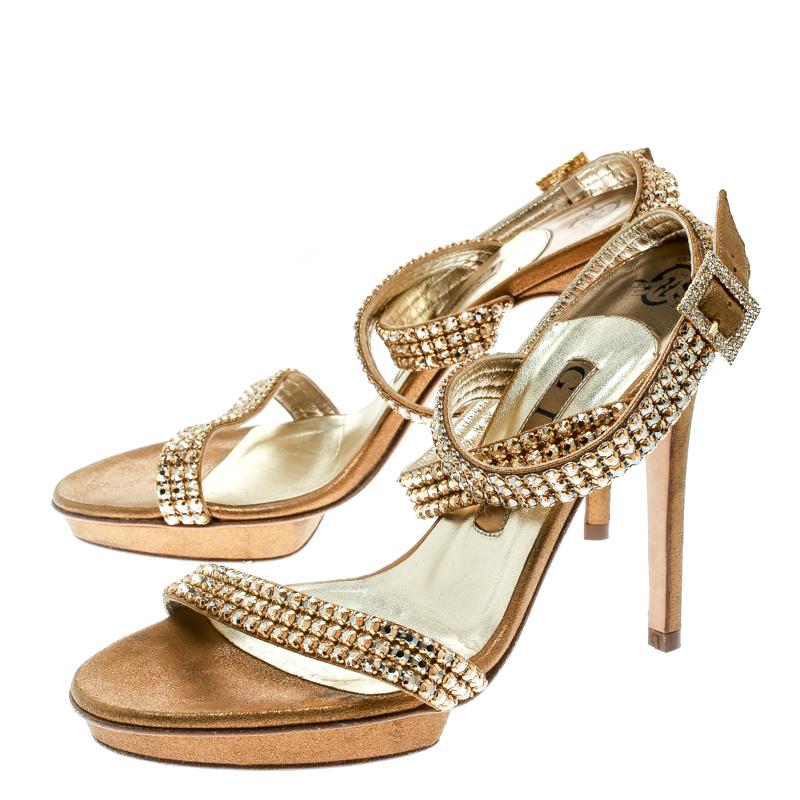 metallic crystal ankle-tie sandals in gold   crystal