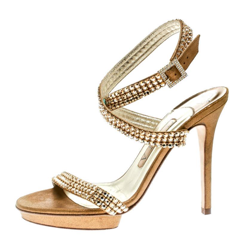 Gina Metallic Gold Suede Crystal Embellished Cross Ankle Strap Sandals Size 37 For Sale 1