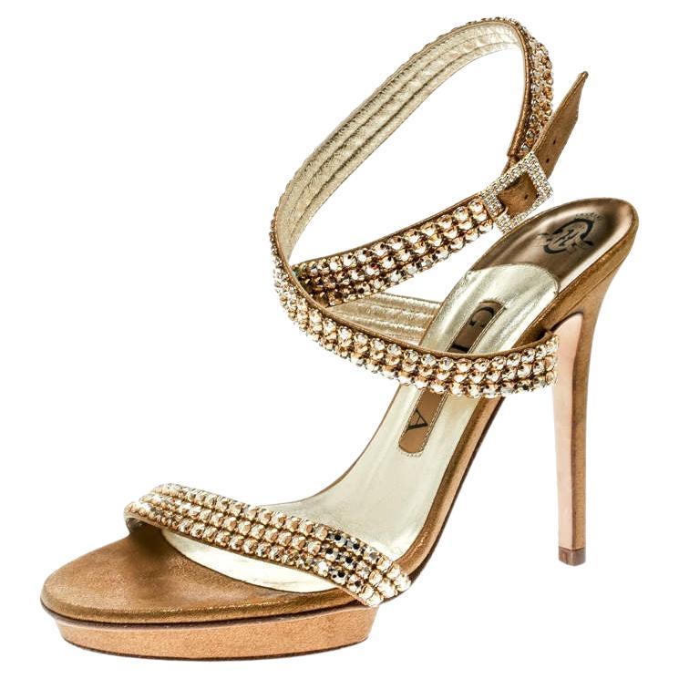 Gina Metallic Gold Suede Crystal Embellished Cross Ankle Strap Sandals Size 37 For Sale