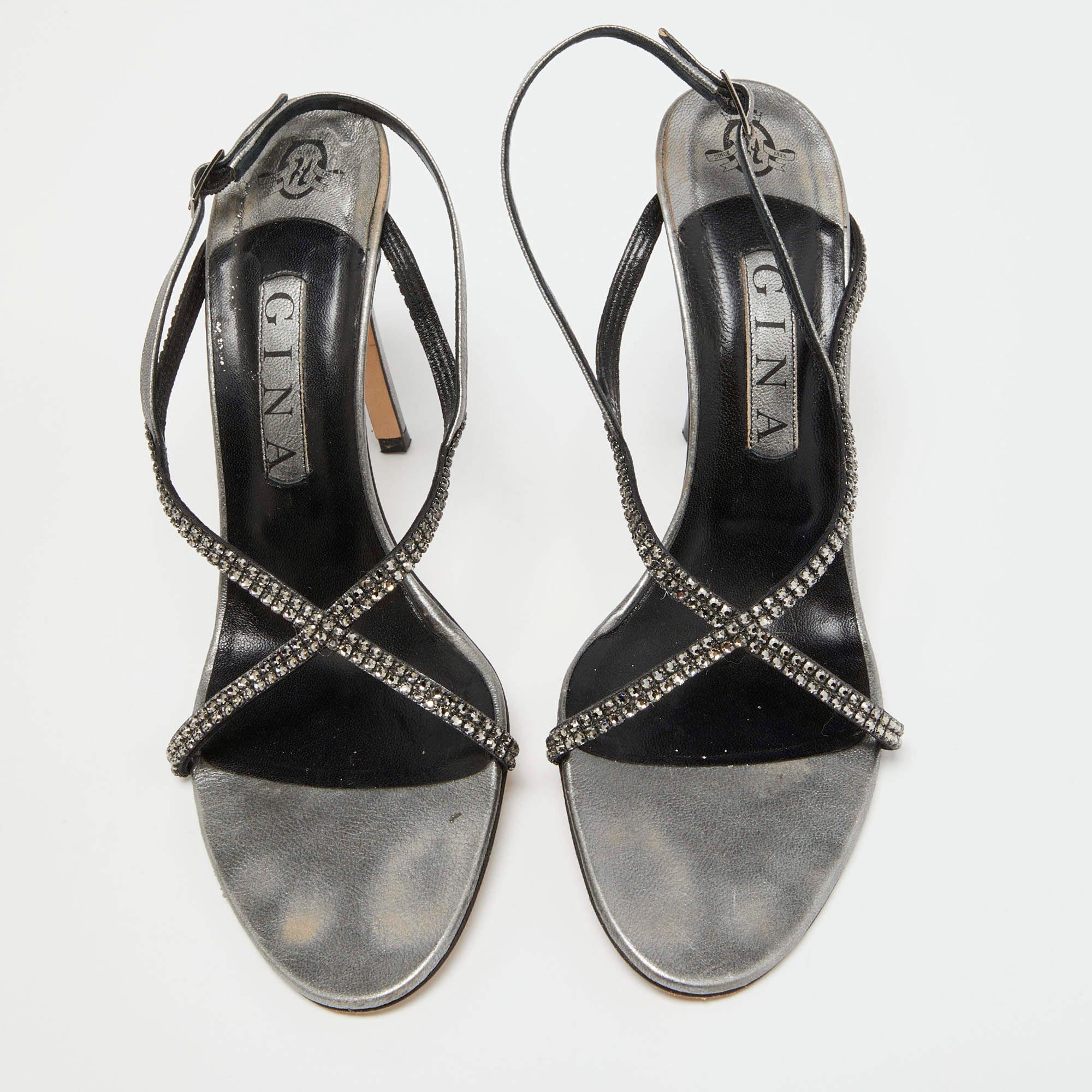 Gray Gina Metallic Grey Leather Crystal Embellished Slingback Sandals Size 39.5 For Sale