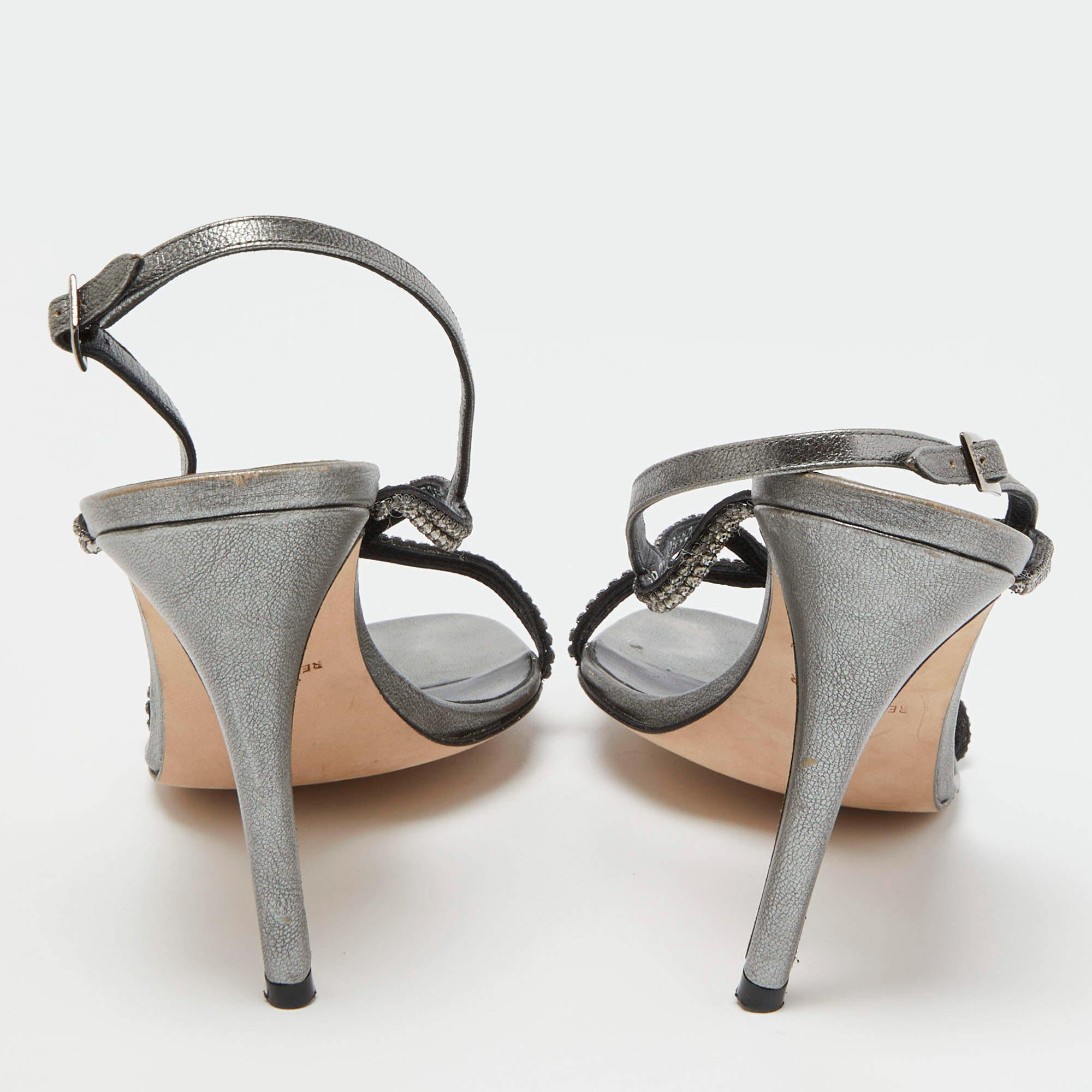 Women's Gina Metallic Grey Leather Crystal Embellished Slingback Sandals Size 39.5 For Sale