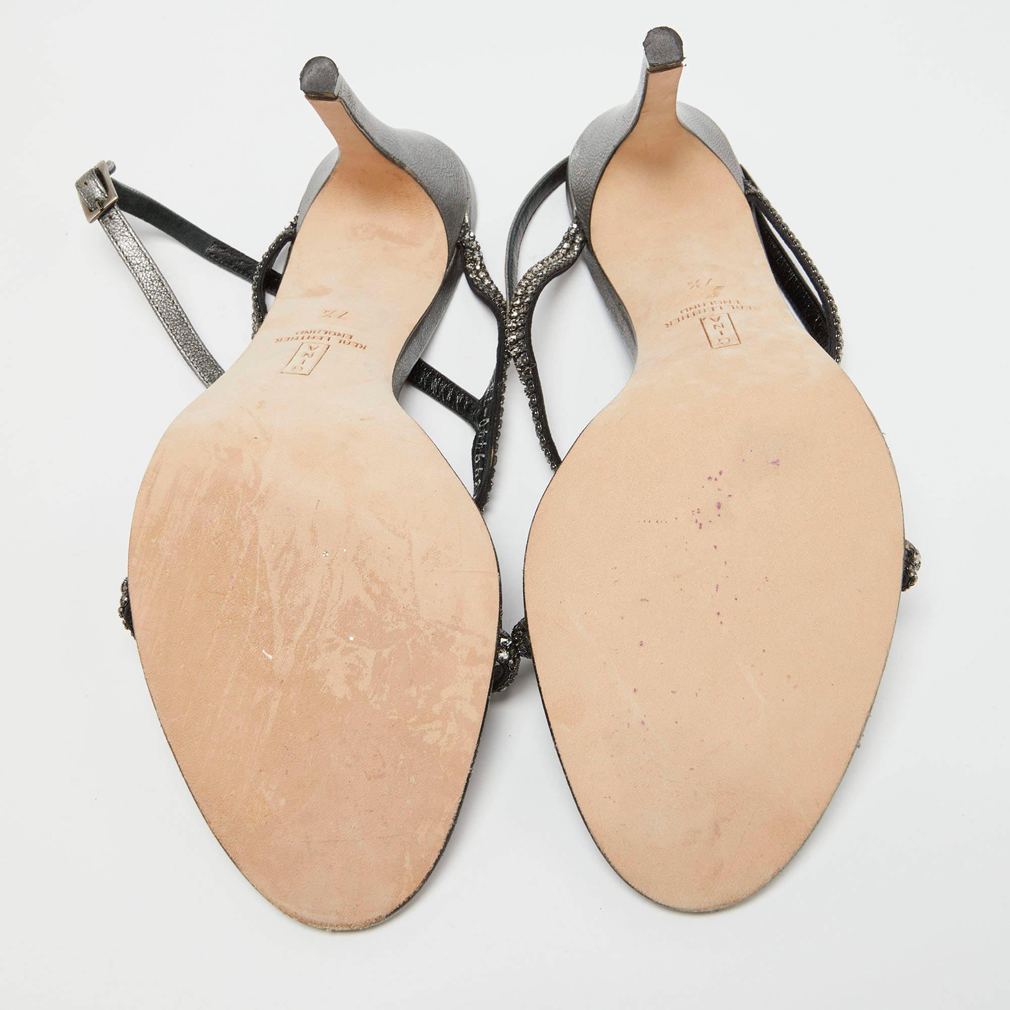 Gina Metallic Grey Leather Crystal Embellished Slingback Sandals Size 39.5 For Sale 1