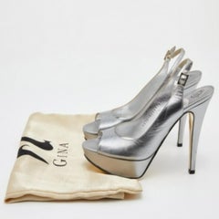 Gina Metallic Grey Leather Open Toe Platform Slingback Pumps Size 36.5