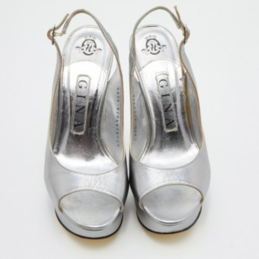 De las mujeres Gina Gris Metalizado Piel Punta Abierta Plataforma Slingback Bombas Talla 36.5 en venta