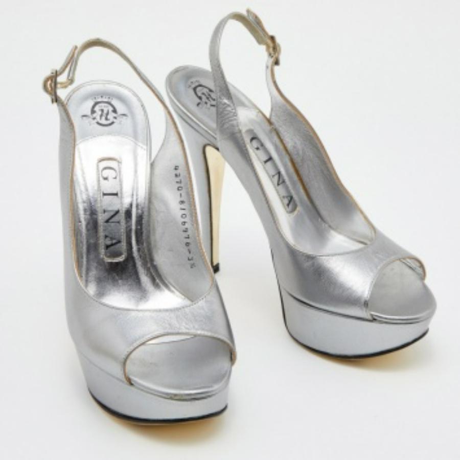 Gina Gris Metalizado Piel Punta Abierta Plataforma Slingback Bombas Talla 36.5 en venta 2