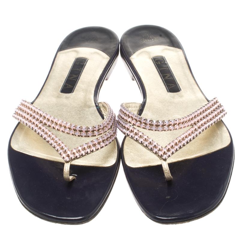 Beige Gina Metallic Pink Crystal Embellished Leather Thong Sandals Size 41
