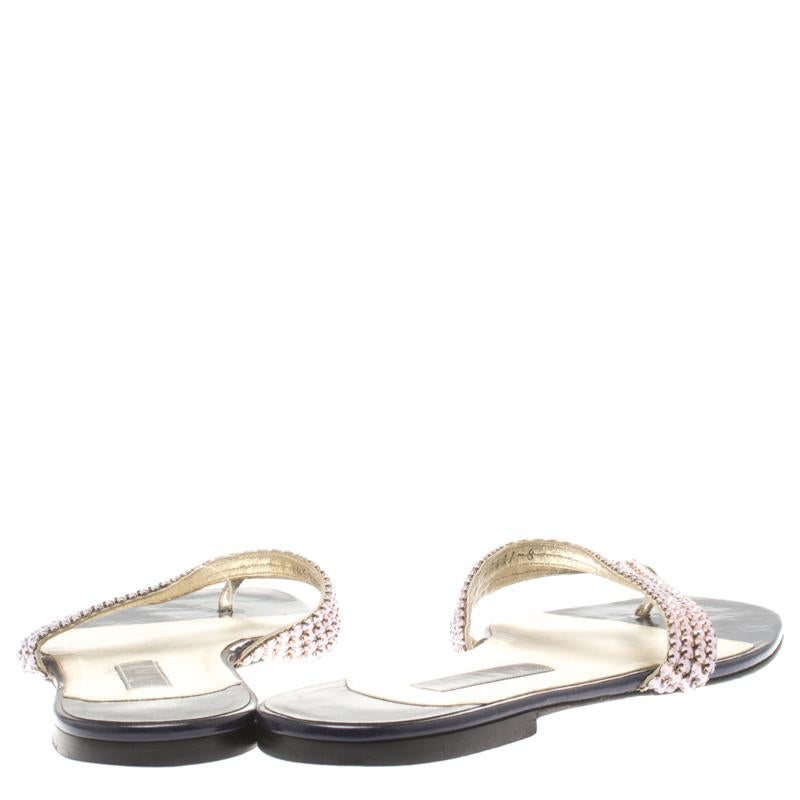 Gina Metallic Pink Crystal Embellished Leather Thong Sandals Size 41 3