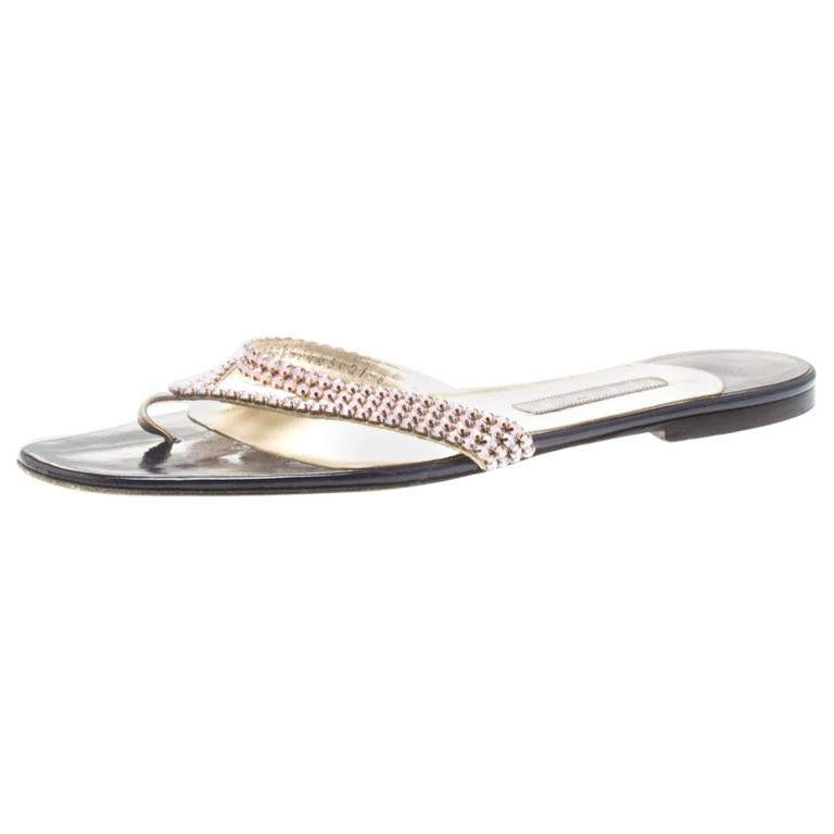 Gina Metallic Pink Crystal Leather Thong Sandals Size For Sale at 1stDibs