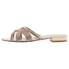 Gina Metallic Pink Leather Crystal Embellished Flat Slides Size 41