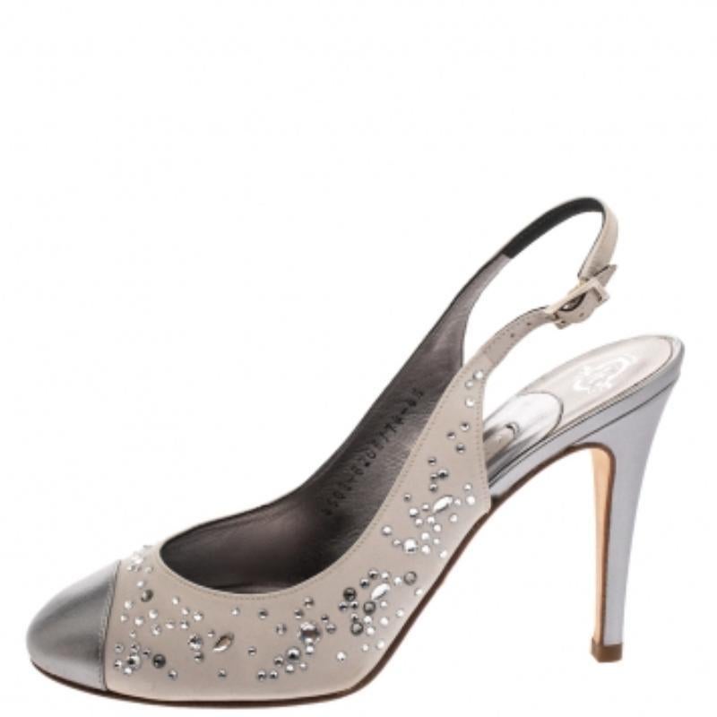 Gina, raso metallizzato e pelle con cristalli, Sandali Slingback Taglia 37,5 in vendita 3