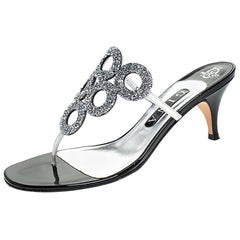 Gina Metallic Silver Crystal Embellished Leather Thong Sandals Size 39