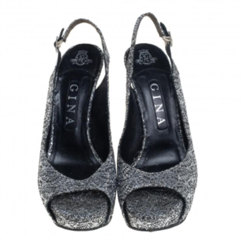 Gina Metallic Silver Glitter Peep Toe Platform Slingback Sandals Size 38.5 For Sale 1