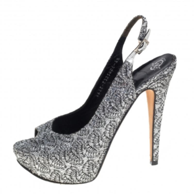 Gina Metallic Silver Glitter Peep Toe Platform Slingback Sandals Size 38.5 For Sale 3