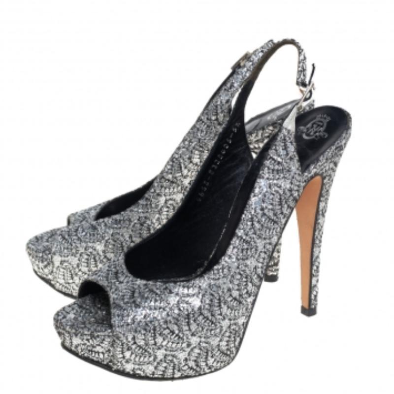 Gina Metallic Silver Glitter Peep Toe Platform Slingback Sandals Size 38.5 For Sale 4