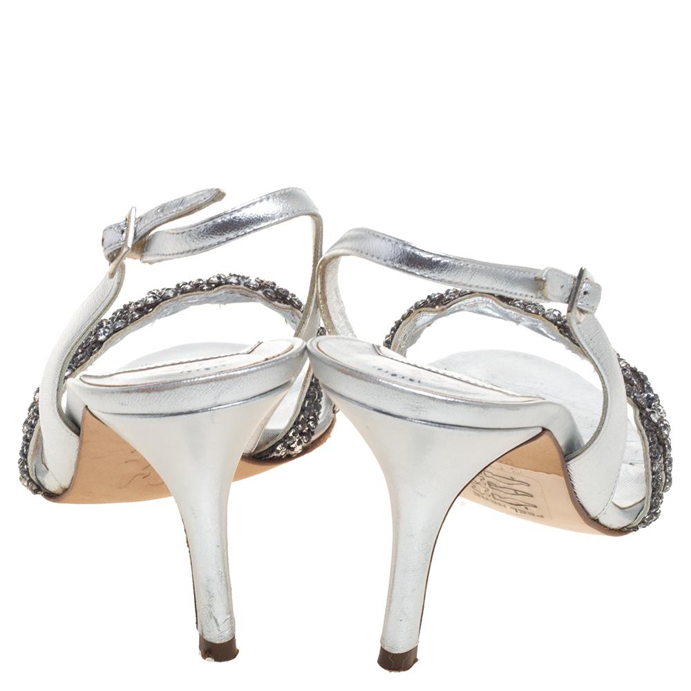 Gina Metallic Silver Leather Crystal Embellished Slingback Sandals Size 39 4