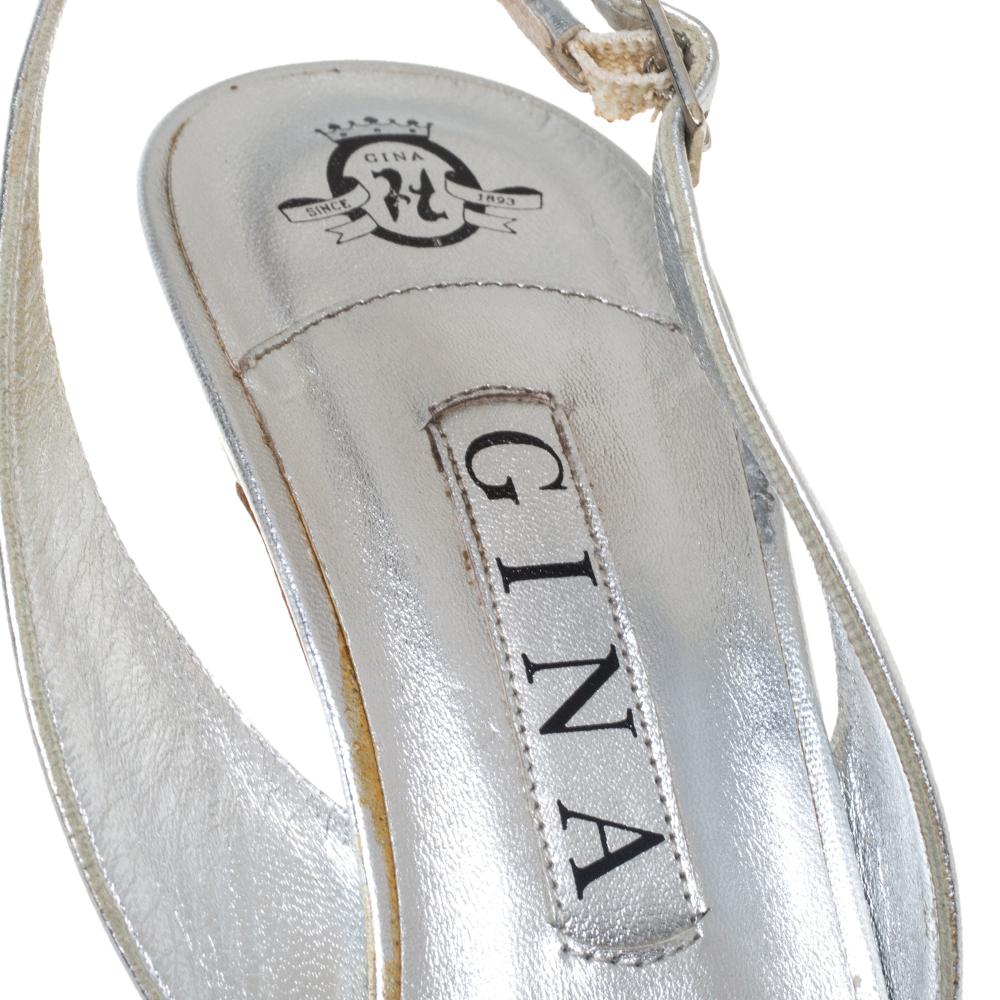 Gina Metallic Silver Leather Crystal Embellished Slingback Sandals Size 39 1