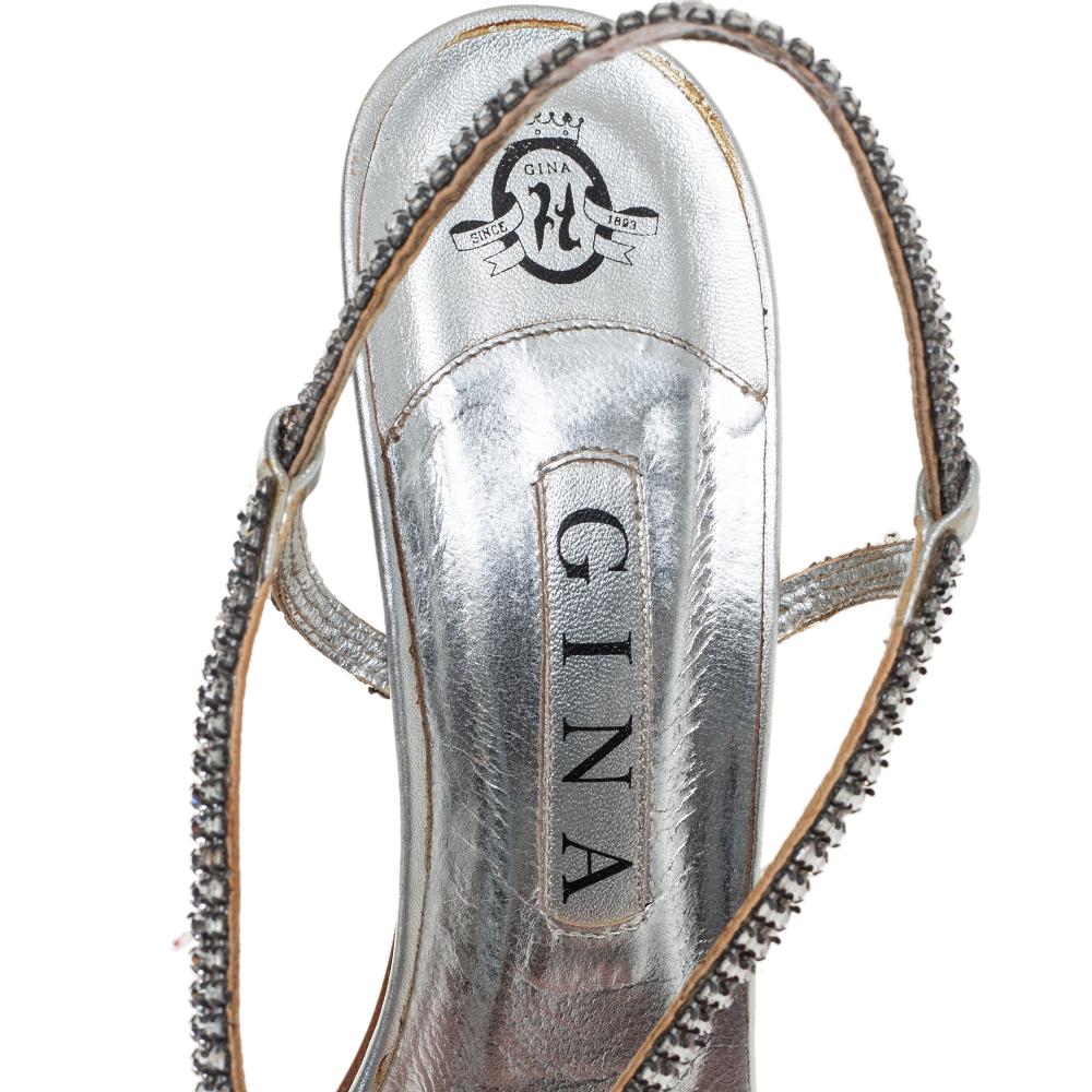 Gina Metallic Silver Leather Crystal Embellished Slingback Sandals Size 41 1