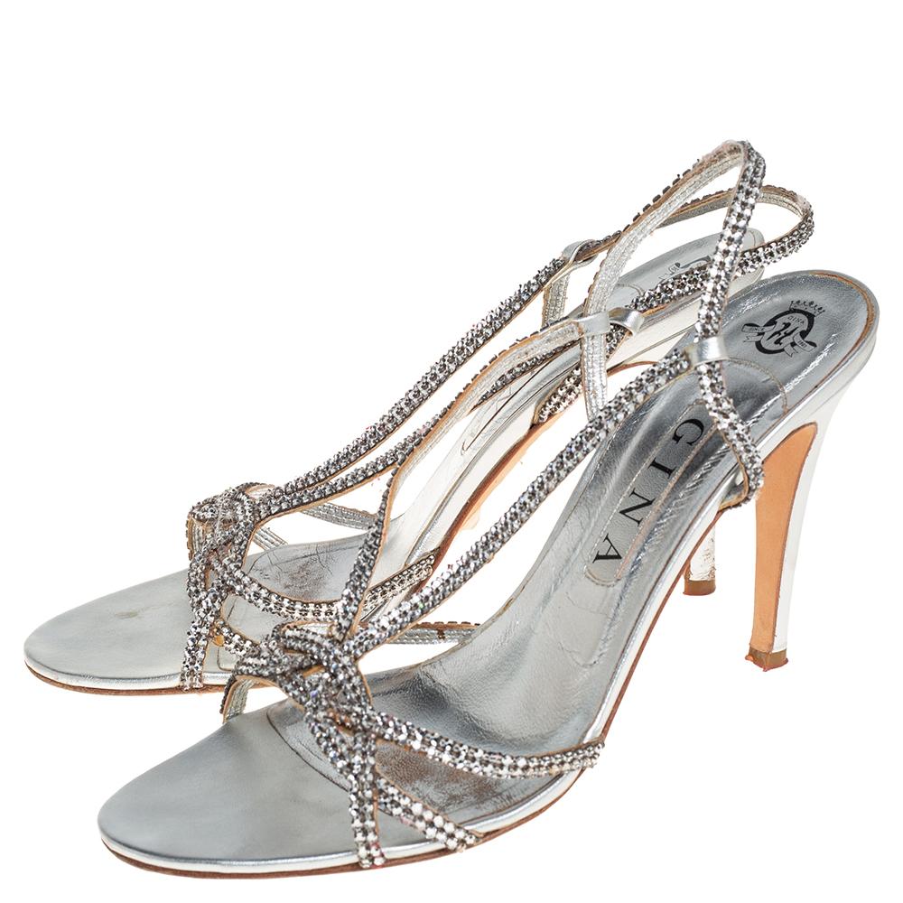 Gina Metallic Silver Leather Crystal Embellished Slingback Sandals Size 41 2