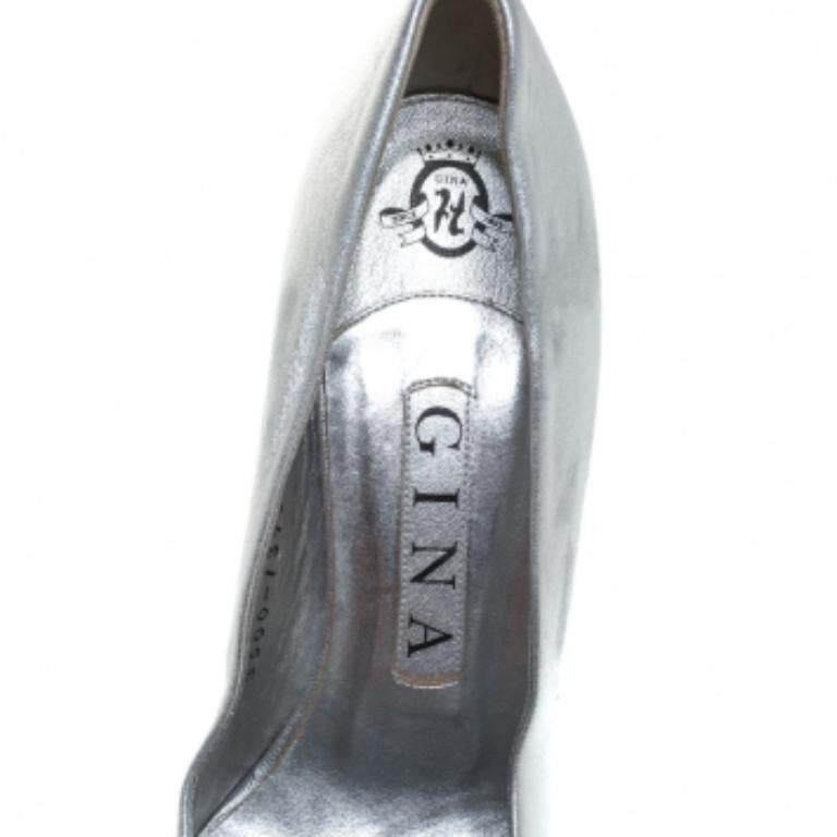 Donna Gina Metallic Silver Leather Round Toe Pumps 37 in vendita