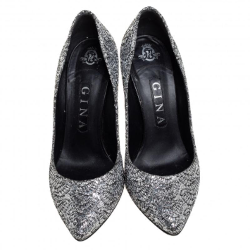 Black Gina Metallic Silver Lurex And Glitter Slip On Pumps Size 38.5 For Sale