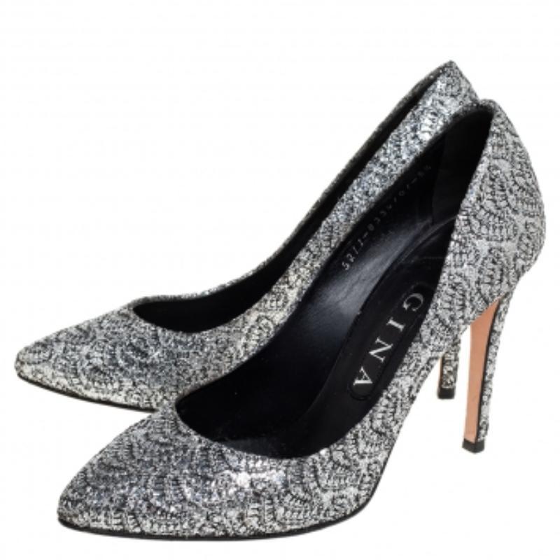 Gina Metallic Silver Lurex And Glitter Slip On Pumps Size 38.5 For Sale 2