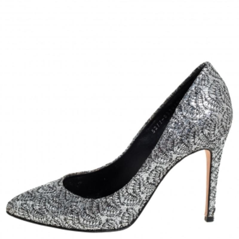 Gina Metallic Silver Lurex And Glitter Slip On Pumps Size 38.5 For Sale 3