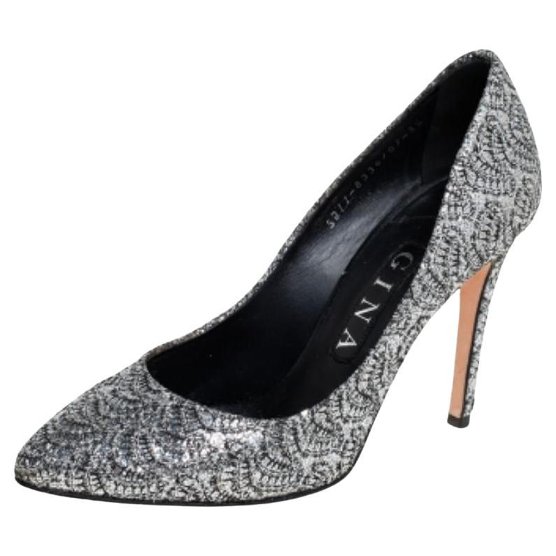 Gina Metallic Silver Lurex And Glitter Slip On Pumps Size 38.5 For Sale