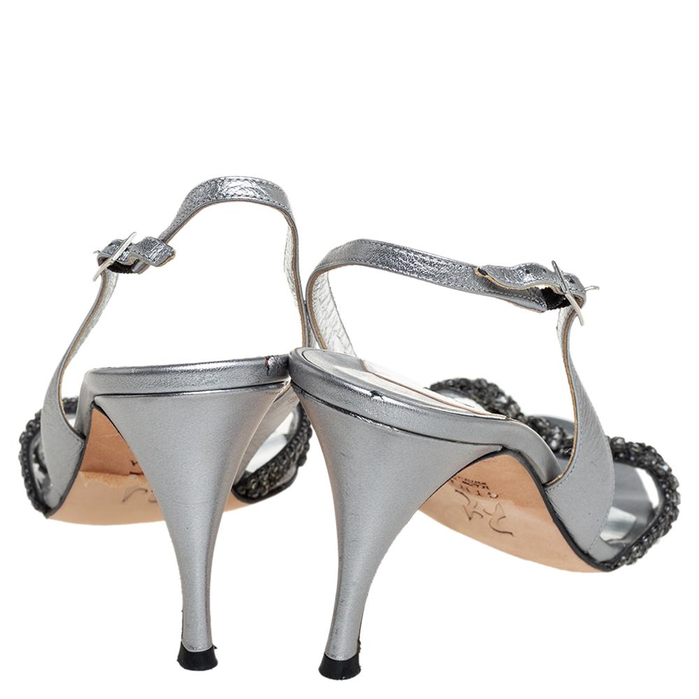 Gray Gina Metallic Sliver Leather Crystal Embellished Slingback Sandals Size 40.5