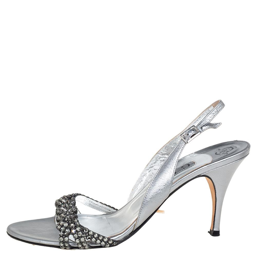 Women's Gina Metallic Sliver Leather Crystal Embellished Slingback Sandals Size 40.5