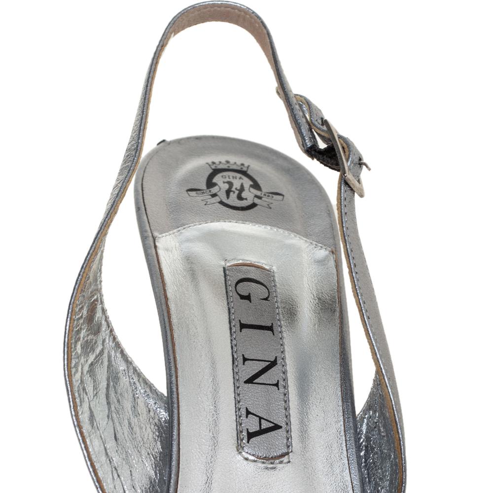 Gina Metallic Sliver Leather Crystal Embellished Slingback Sandals Size 40.5 1