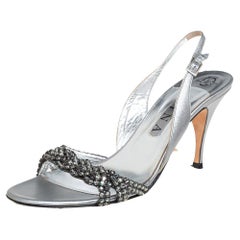 Gina Metallic Sliver Leather Crystal Embellished Slingback Sandals Size 40.5