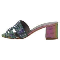 Gina Multicolor Croc Embossed Leather Embellished Slides