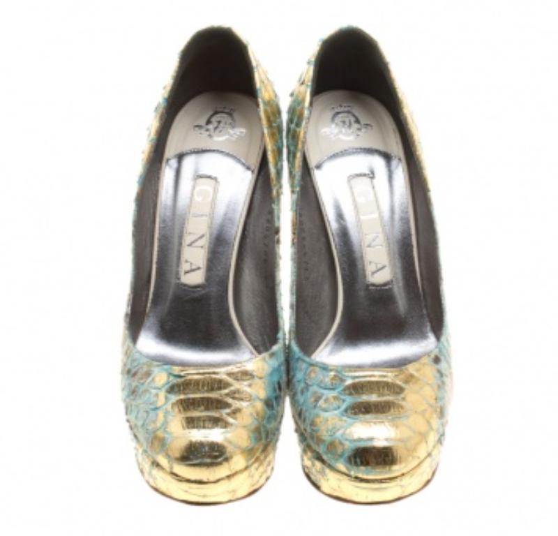 Gina Multicolor Metallic Python Leder Plateau Pumps Größe 37,5 im Angebot 1
