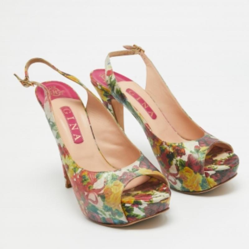 Women's Gina Multicolor Python Embossed Leather Peep Toe Slingback Pumps Size 40.5 For Sale
