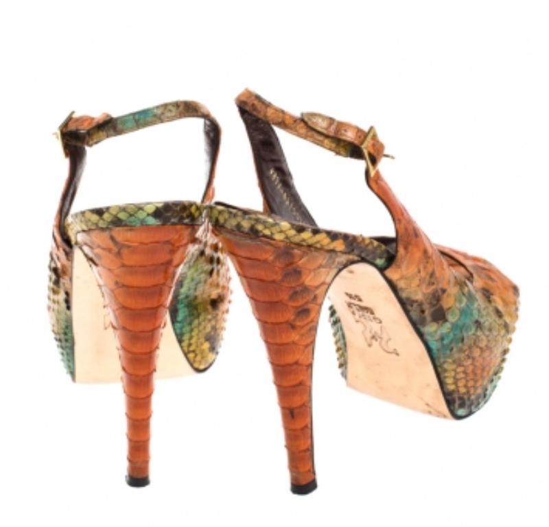 Brown Gina Multicolor Python Leather Peep Toe Platform Slingback Sandals Size 38.5 For Sale