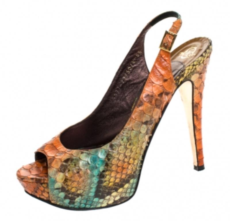 Gina, pelle di pitone multicolore, sandali con piattaforma Peep Toe Slingback misura 38,5 in vendita 1